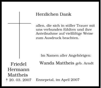 Traueranzeigen Von Friedel Hermann Mattheis Trauer In NRW De