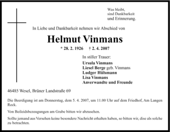 Traueranzeigen Von Helmut Vinmans Trauer In Nrw De