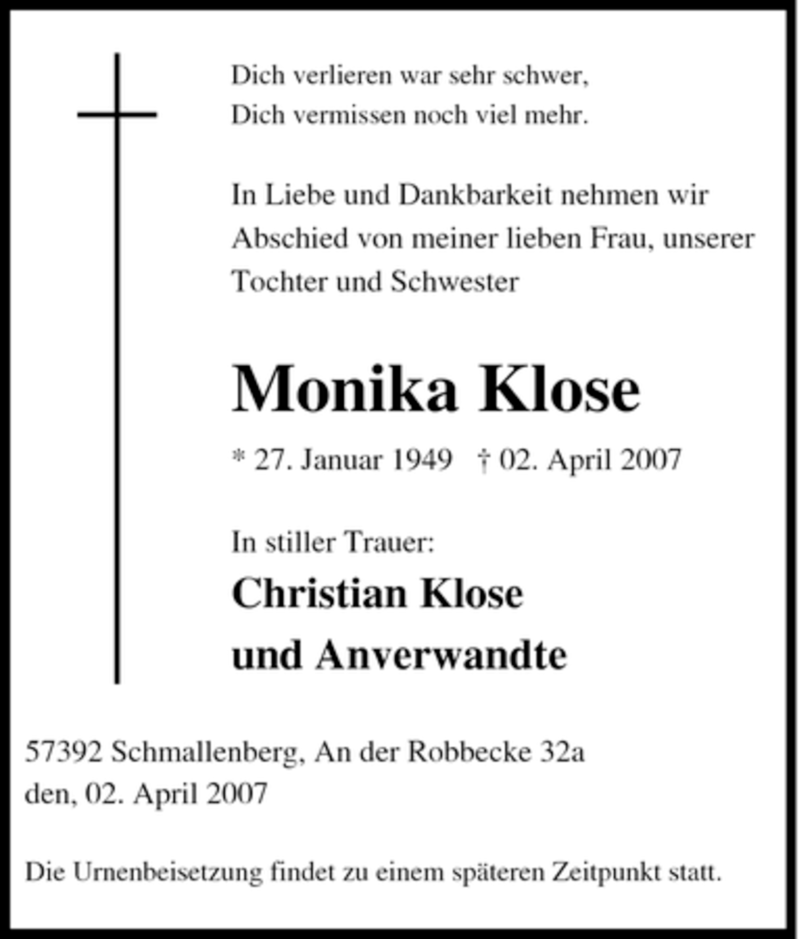 Traueranzeigen Von Monika Klose Trauer In Nrw De