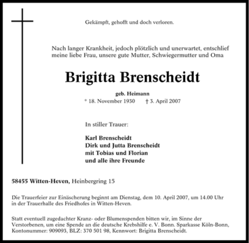 Traueranzeigen Von Brigitta Brenscheidt Trauer In Nrw De