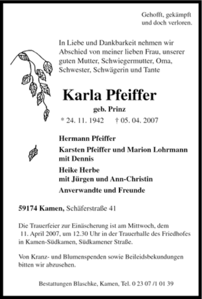 Traueranzeigen Von Karla Pfeiffer Trauer In Nrw De