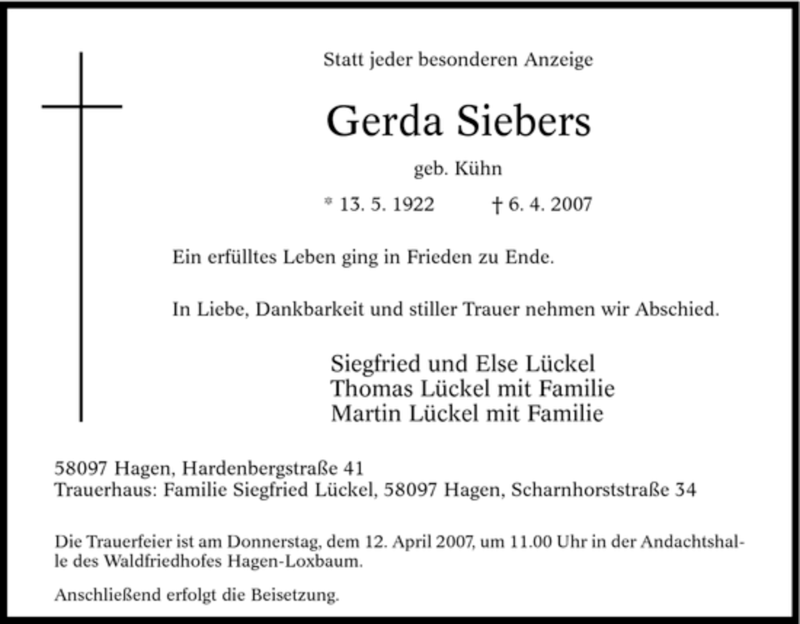 Traueranzeigen Von Gerda Siebers Trauer In NRW De