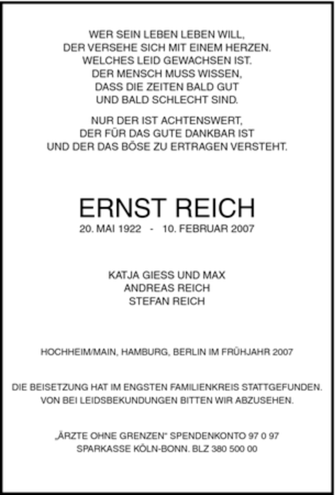 Traueranzeigen Von Ernst Reich Trauer In Nrw De