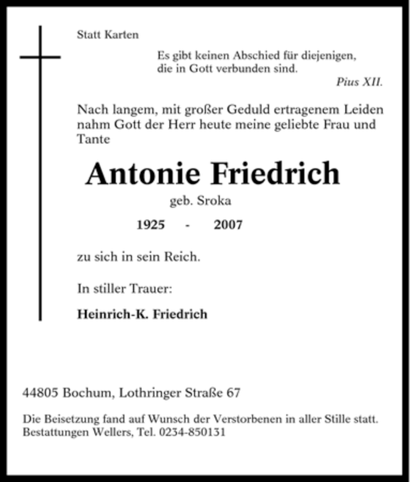 Traueranzeigen Von Antonie Friedrich Trauer In Nrw De