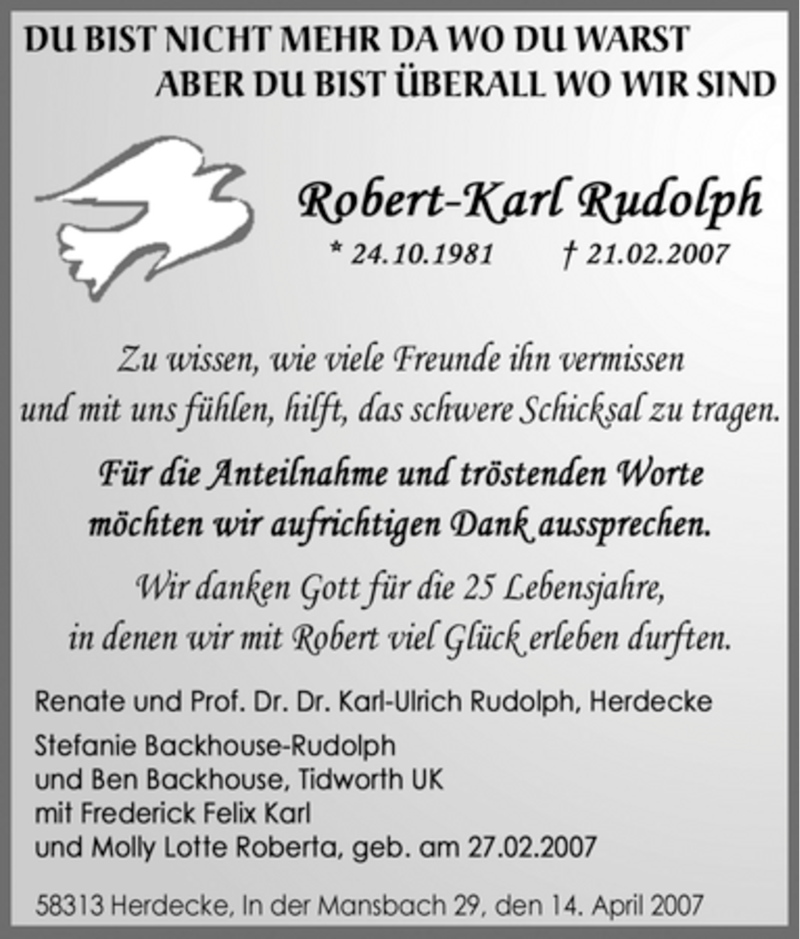 Traueranzeigen Von Robert Karl Rudolph Trauer In Nrw De