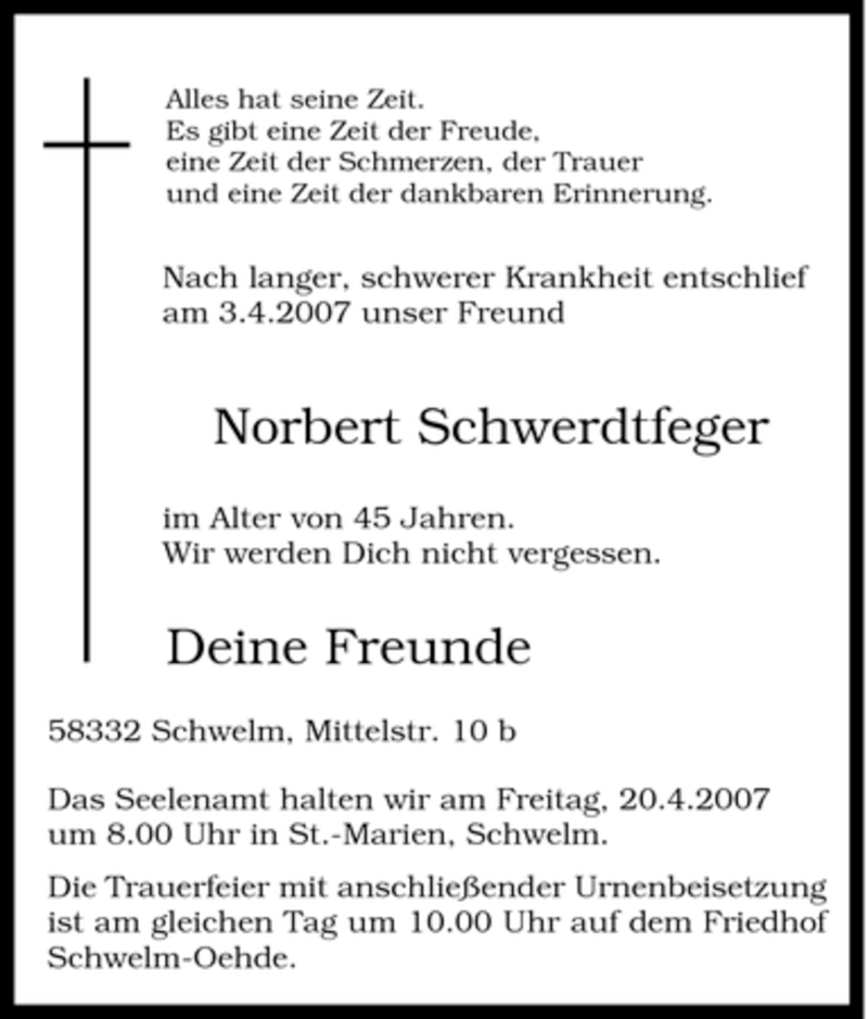 Traueranzeigen Von Norbert Schwerdtfeger Trauer In Nrw De