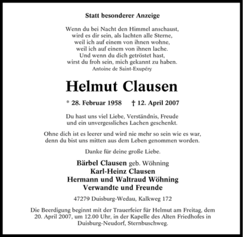 Traueranzeigen Von Helmut Clausen Trauer In Nrw De