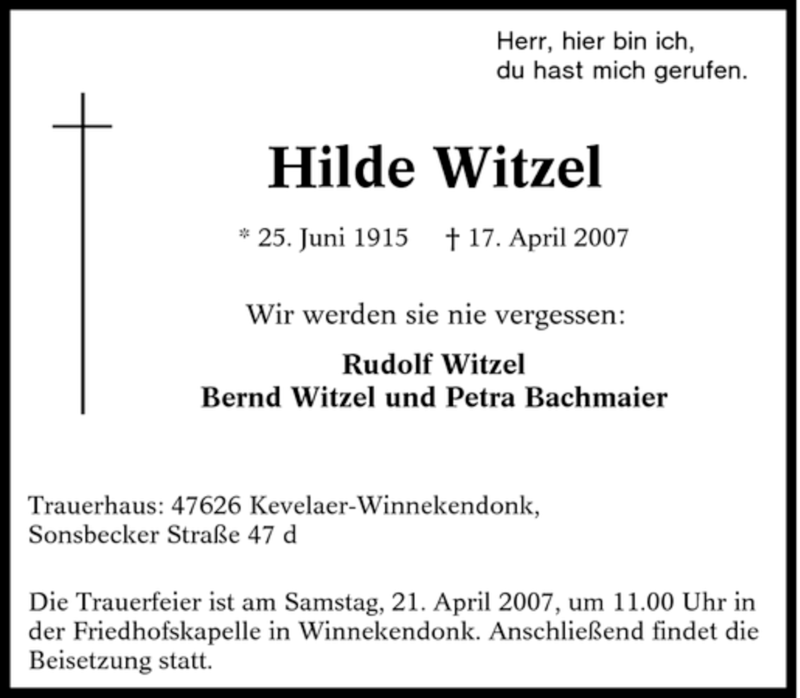 Traueranzeigen Von Hilde Witzel Trauer In Nrw De