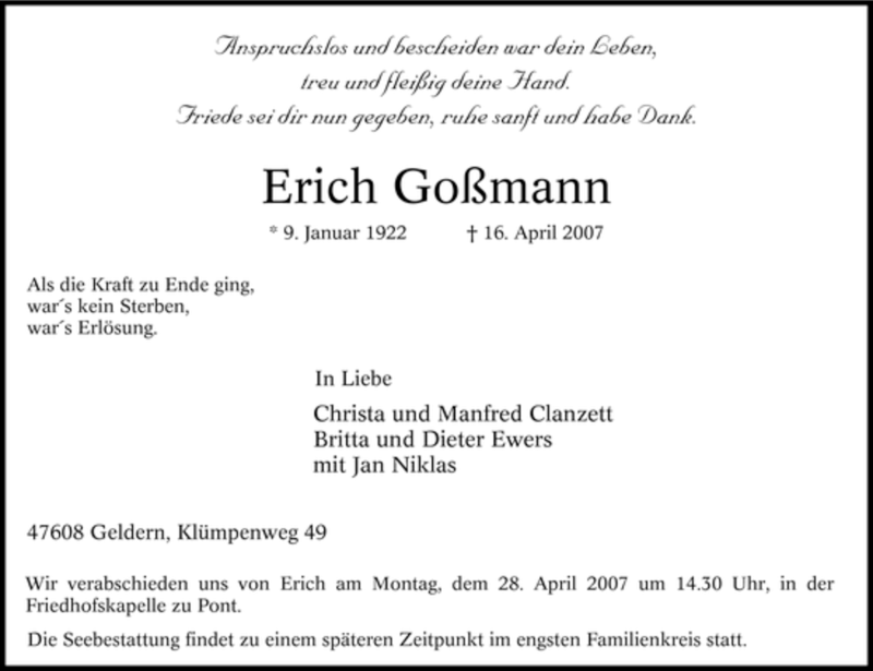 Traueranzeigen Von Erich Go Mann Trauer In Nrw De