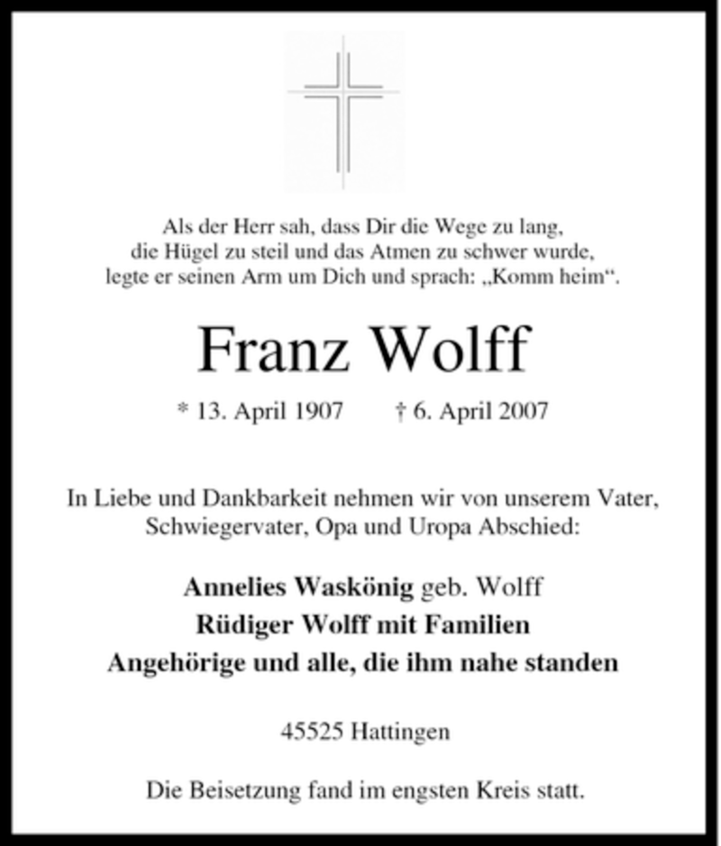 Traueranzeigen Von Franz Wolff Trauer In NRW De