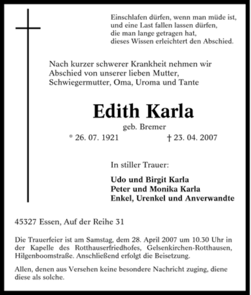 Traueranzeigen Von Edith Karla Trauer In NRW De