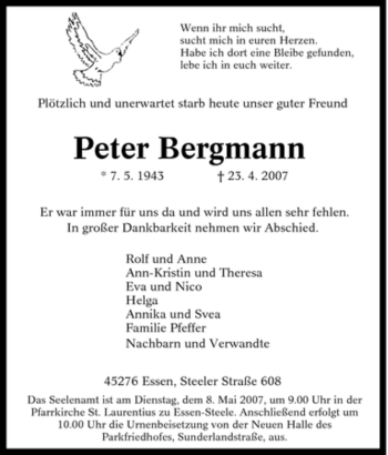 Traueranzeigen Von Peter Bergmann Trauer In NRW De