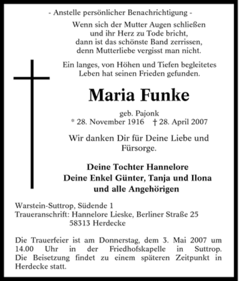 Traueranzeigen Von Maria Funke Trauer In Nrw De