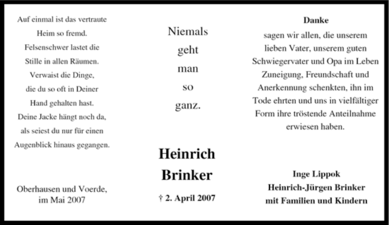 Traueranzeigen Von Heinrich Brinker Trauer In Nrw De