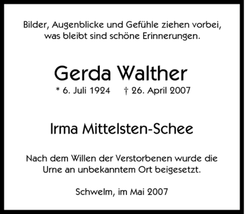 Traueranzeigen Von Gerda Walther Trauer In Nrw De