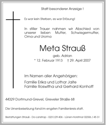 Traueranzeigen von Meta Strauß Trauer in NRW de