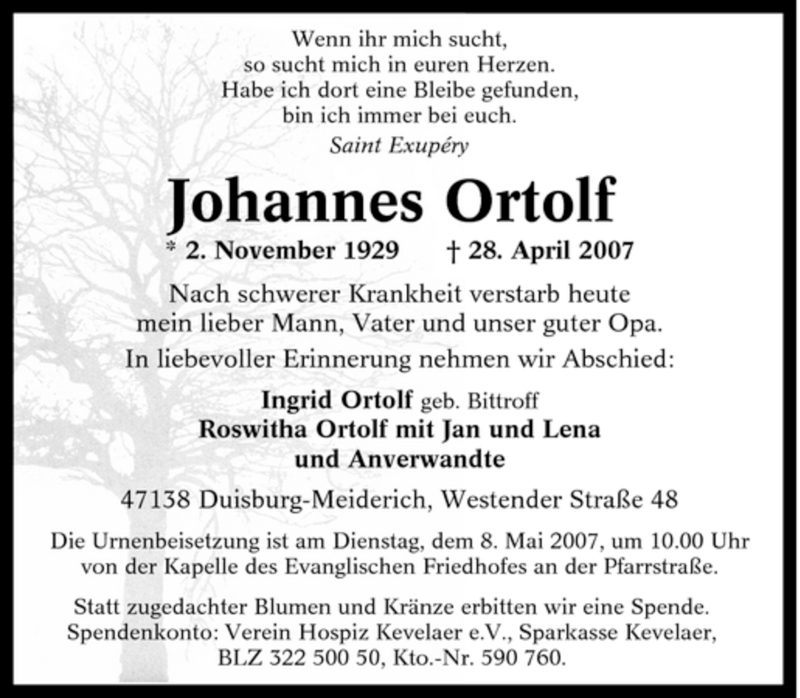 Traueranzeigen Von Johannes Ortolf Trauer In Nrw De