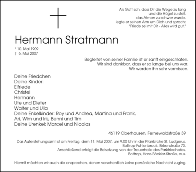 Traueranzeigen Von Hermann Stratmann Trauer In Nrw De