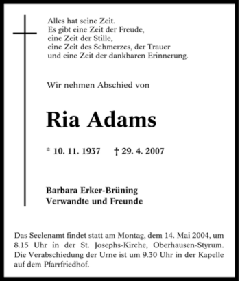 Traueranzeigen Von Ria Adams Trauer In Nrw De