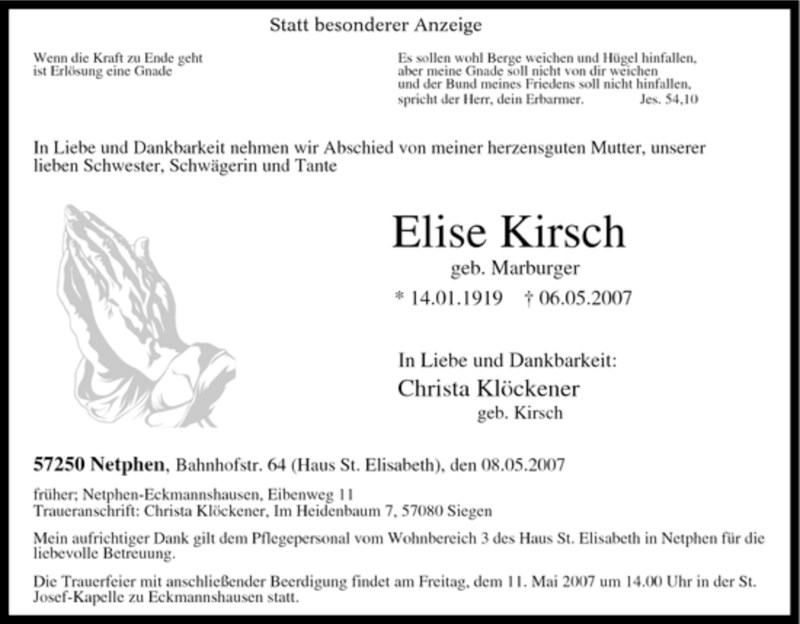 Traueranzeigen Von Elise Kirsch Trauer In Nrw De