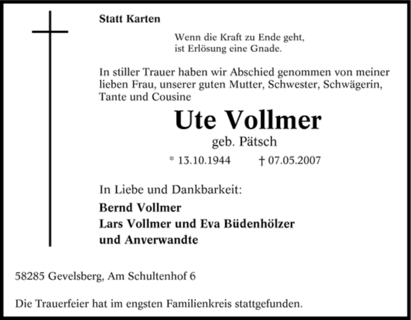 Traueranzeigen Von Ute Vollmer Trauer In NRW De