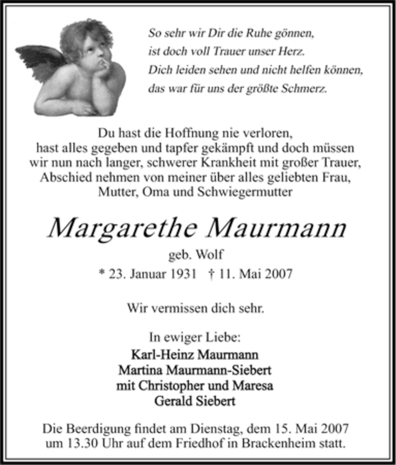 Traueranzeigen Von Margarethe Maurmann Trauer In NRW De