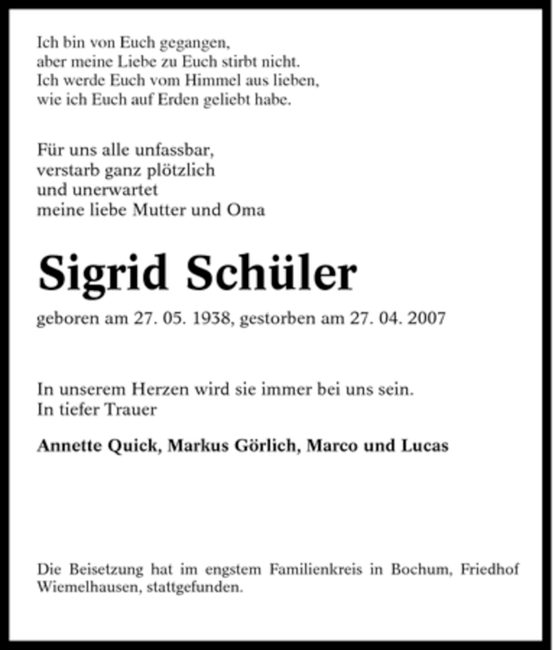 Traueranzeigen von Sigrid Schüler Trauer in NRW de