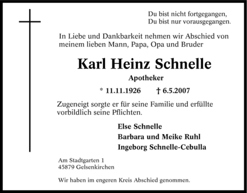 Traueranzeigen Von Karl Heinz Schnelle Trauer In NRW De