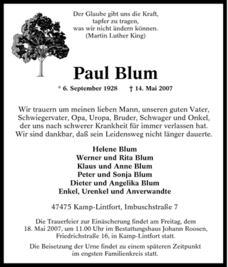 Traueranzeigen Von Paul Blum Trauer In NRW De