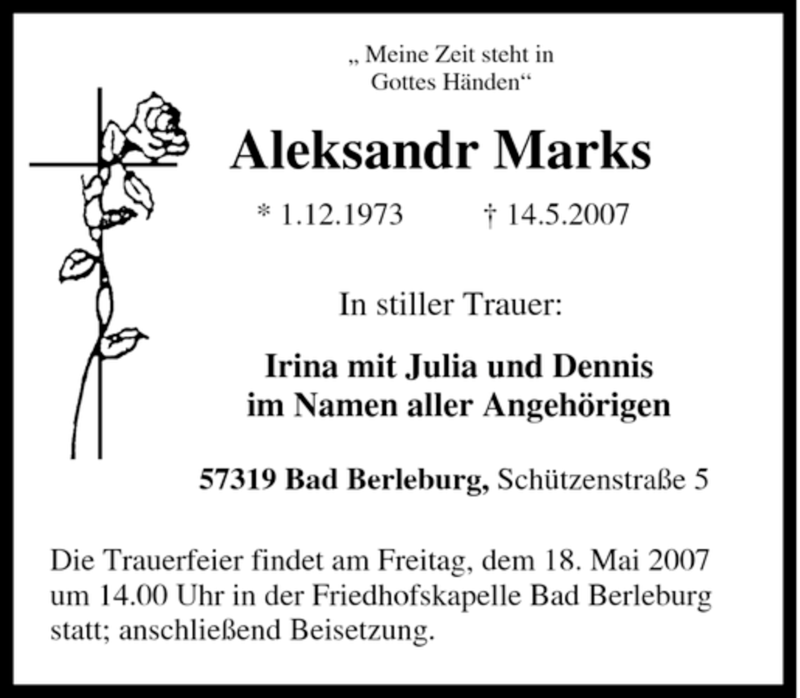 Traueranzeigen Von Aleksandr Marks Trauer In Nrw De