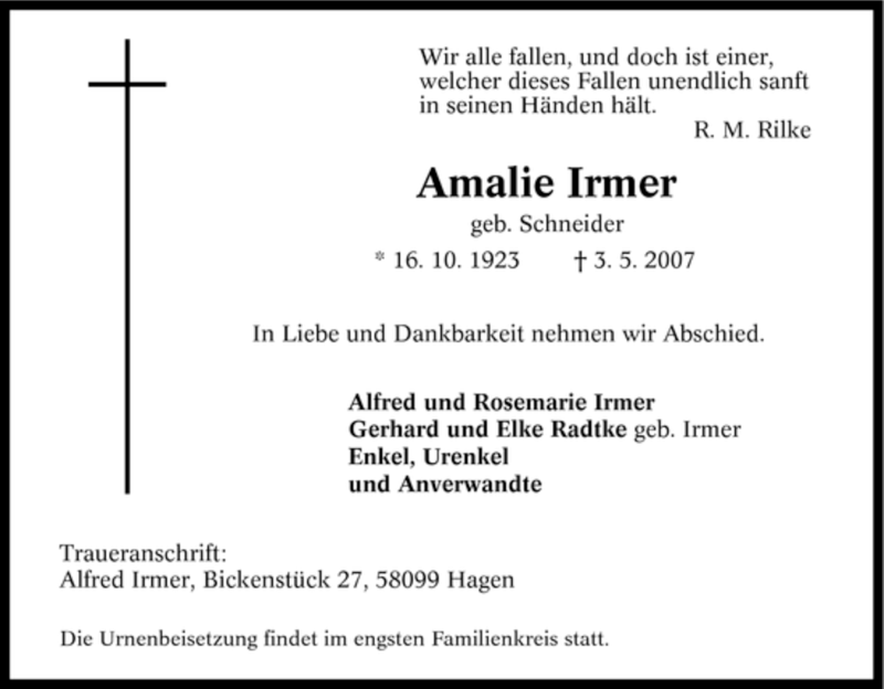 Traueranzeigen Von Amalie Irmer Trauer In NRW De