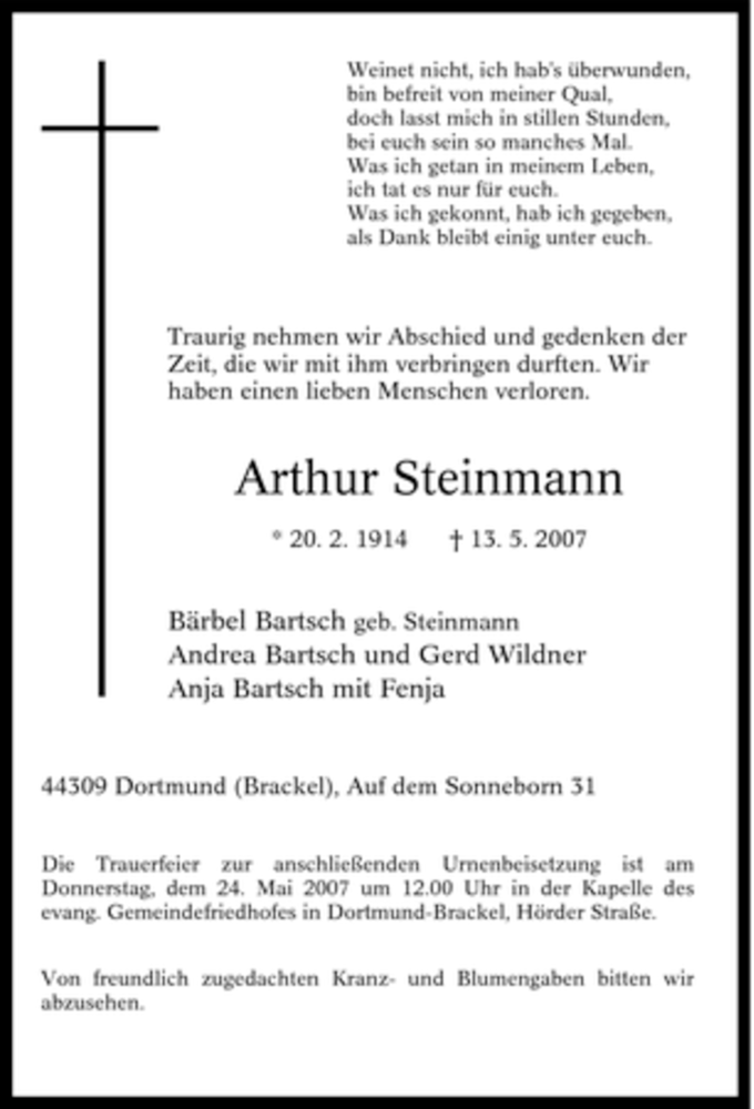 Traueranzeigen Von Arthur Steinmann Trauer In Nrw De