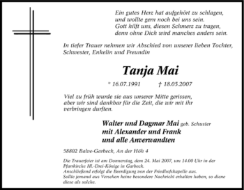 Traueranzeigen Von Tanja Mai Trauer In Nrw De