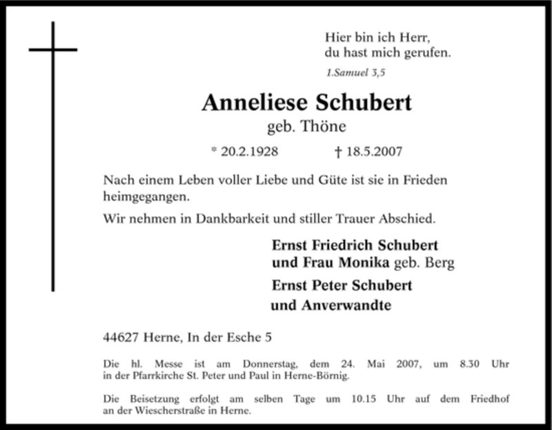 Traueranzeigen Von Anneliese Schubert Trauer In Nrw De