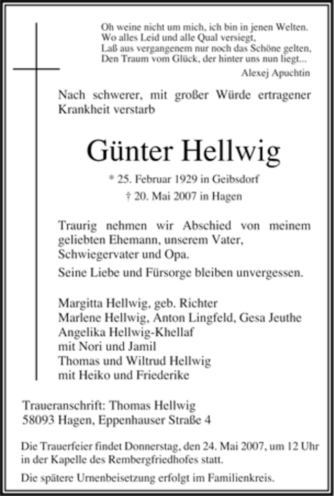 Traueranzeigen Von G Nter Hellwig Trauer In Nrw De