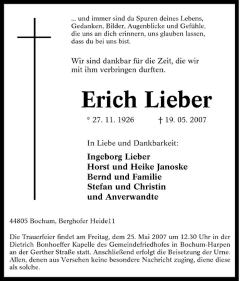 Traueranzeigen Von Erich Lieber Trauer In Nrw De