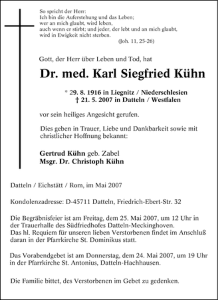 Traueranzeigen von Karl Siegfried Kühn Trauer in NRW de