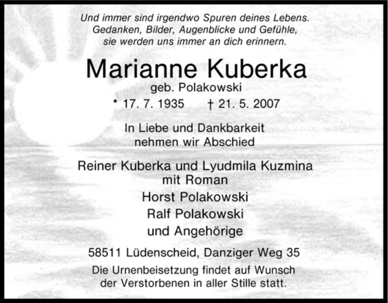 Traueranzeigen Von Marianne Kuberka Trauer In NRW De