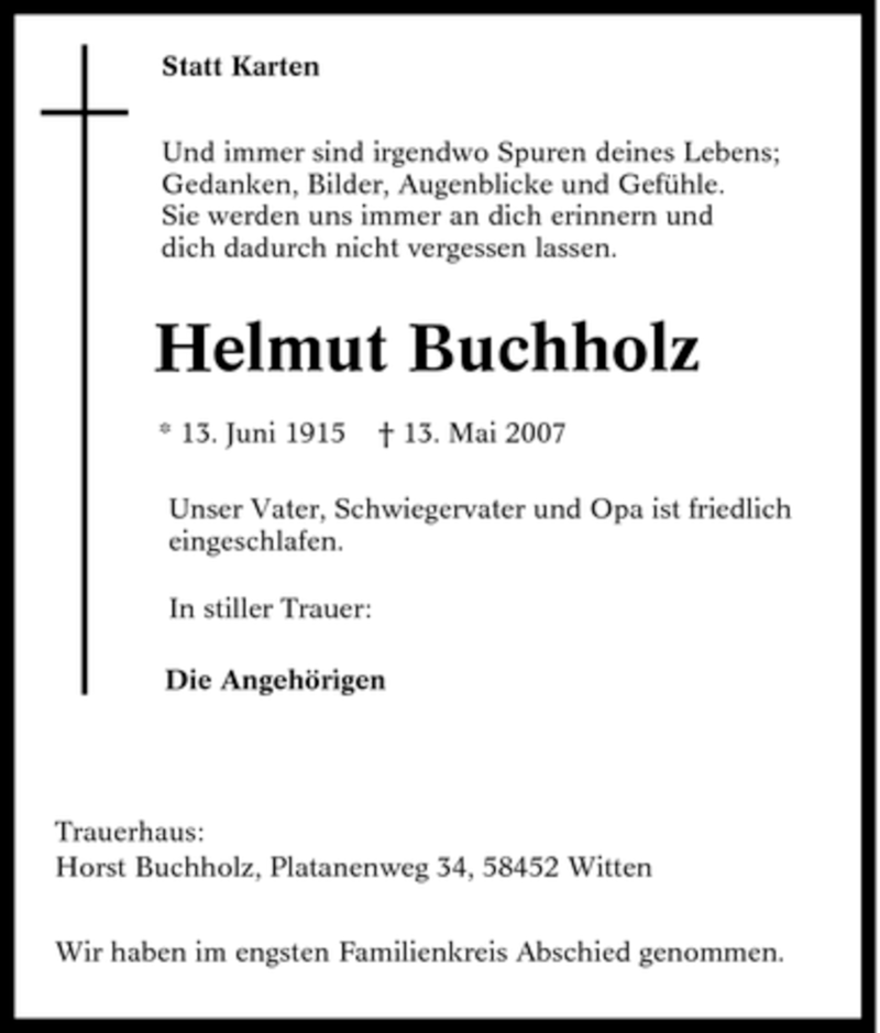 Traueranzeigen Von Helmut Buchholz Trauer In NRW De