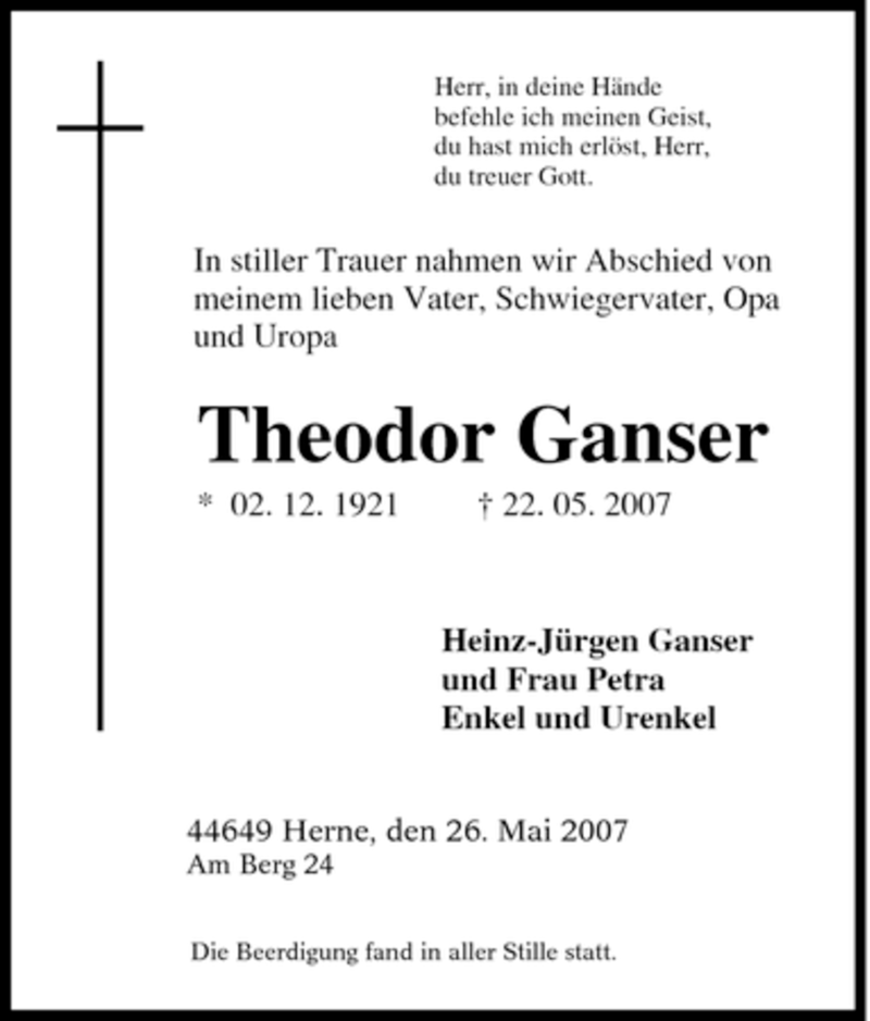 Traueranzeigen Von Theodor Ganser Trauer In NRW De