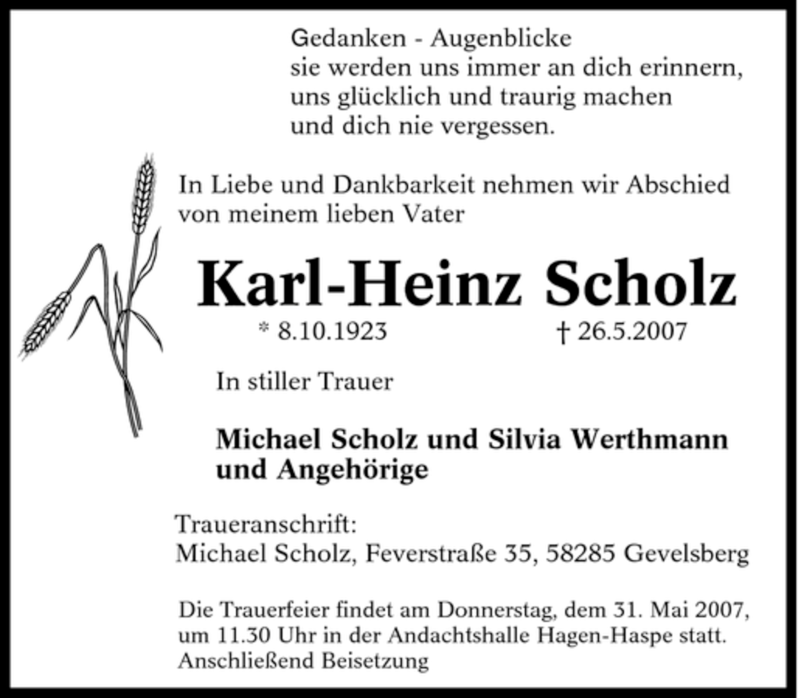 Traueranzeigen Von Karl Heinz Scholz Trauer In NRW De