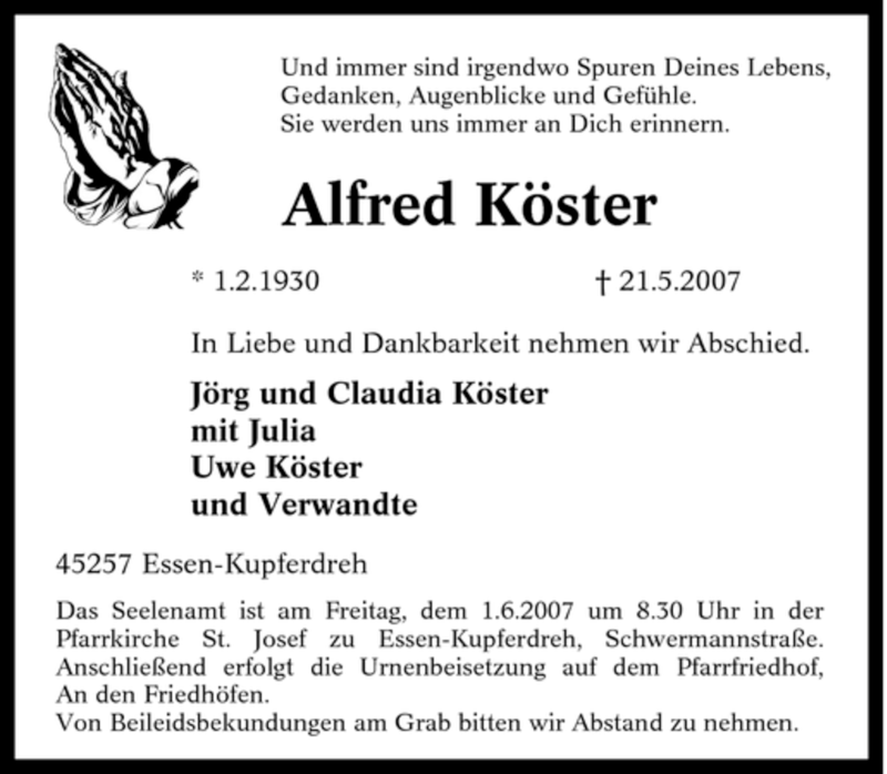 Traueranzeigen Von Alfred K Ster Trauer In Nrw De