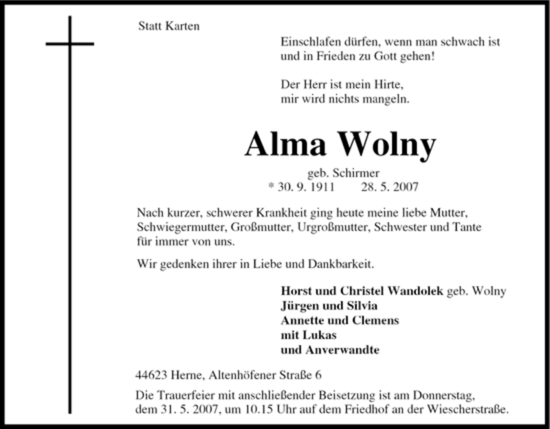 Traueranzeigen Von Alma Wolny Trauer In Nrw De