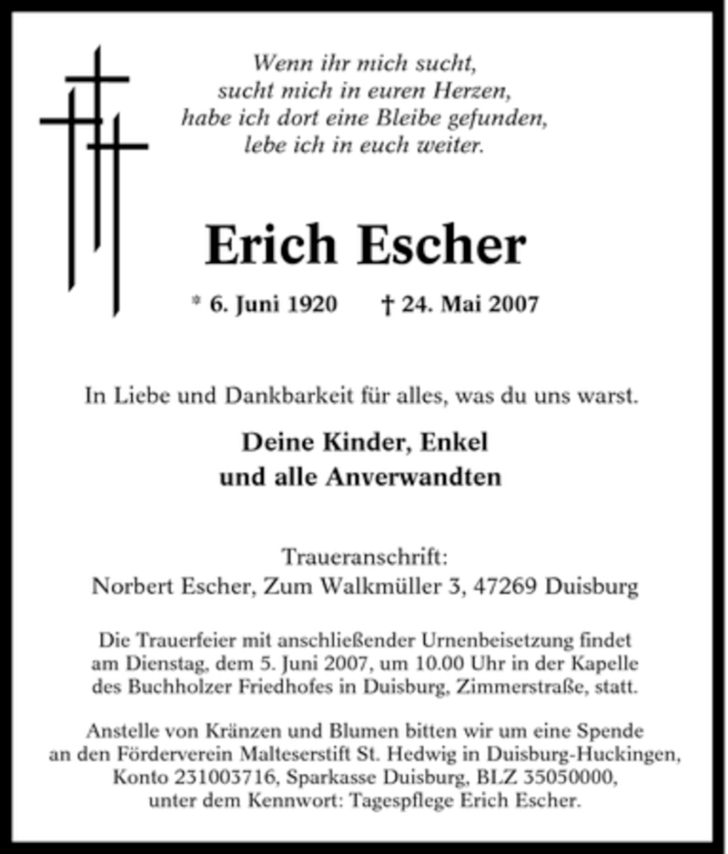 Traueranzeigen Von Erich Escher Trauer In Nrw De