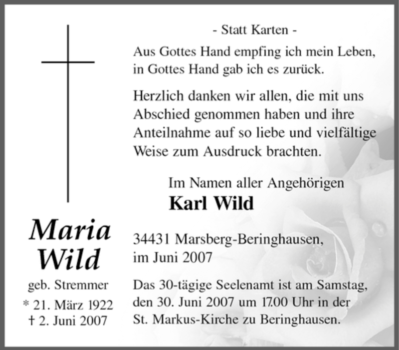 Traueranzeigen Von Maria Wild Trauer In NRW De