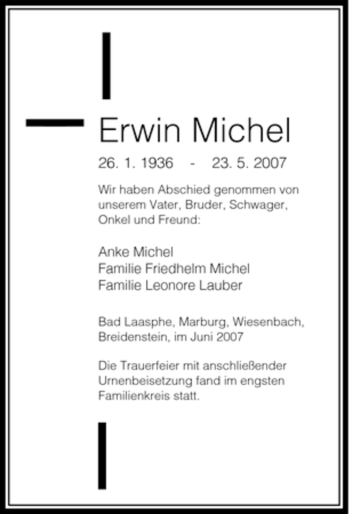 Traueranzeigen Von Erwin Michel Trauer In NRW De