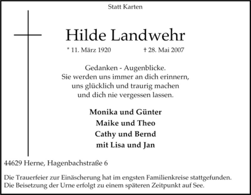 Traueranzeigen Von Hilde Landwehr Trauer In NRW De