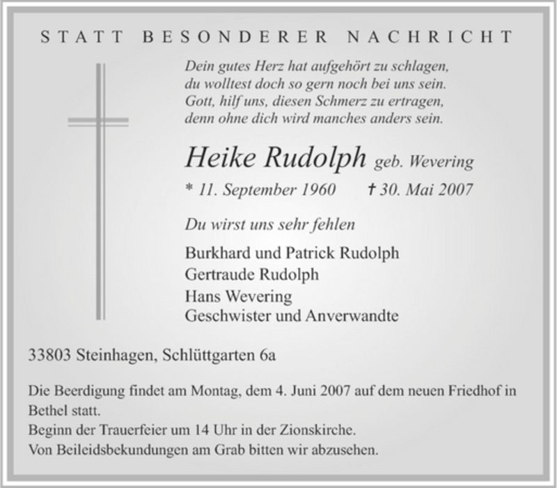 Traueranzeigen Von Heike Rudolph Trauer In Nrw De