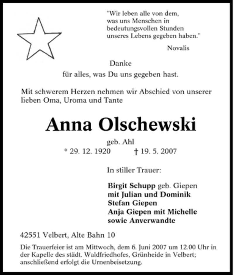 Traueranzeigen Von Anna Olschewski Trauer In NRW De