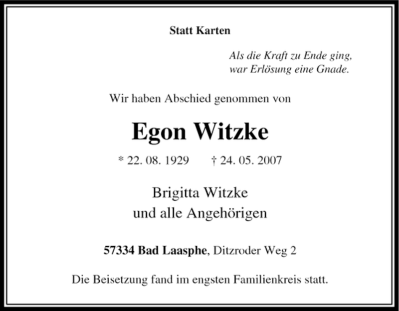 Traueranzeigen Von Egon Witzke Trauer In Nrw De